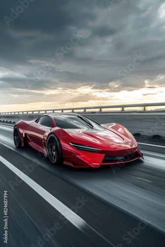 A red sports car speeding down a highway. Perfect for automotive or travel co...