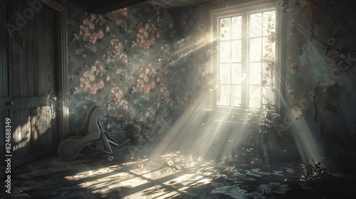 Sunlight streams through a dusty attic window, illuminating motes of dancing light across a forgotten childhood bedroom filled with faded floral wallpaper