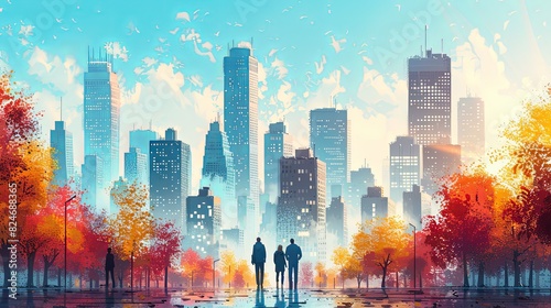 Urban lifestyle scene. Man and women in casual clothes walk in modern city. Colorful buildings and skyscrapers. Pedestrian and citizens in sunny day. Cartoon flat vector illustration © Pattarin