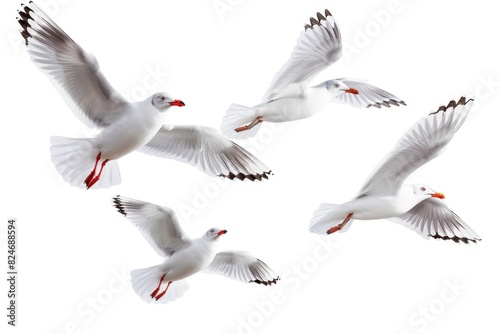 A group of white birds flying through the air. Suitable for nature and wildlife concepts