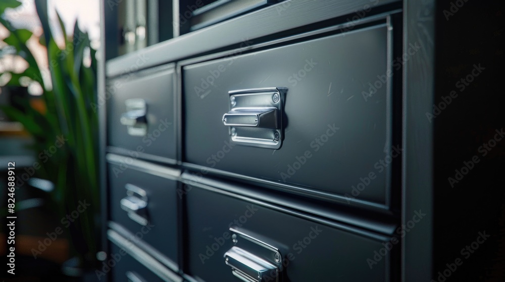 Close up of a filing cabinet with a plant in the background. Suitable for office and workspace concepts Close up of a filing cabinet with a plant in the background. Suitable for office and workspace concepts