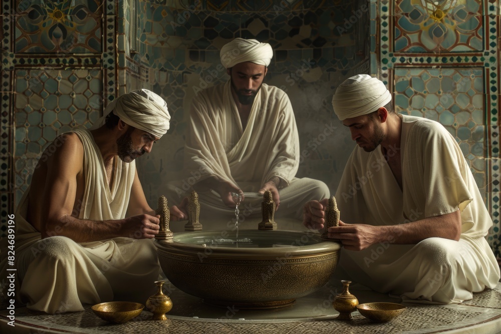 A group of men sitting around a bowl of water. Ideal for business meetings or discussions