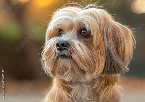 A Lhasa Apso with its long, flowing hair groomed perfectly in the garden.