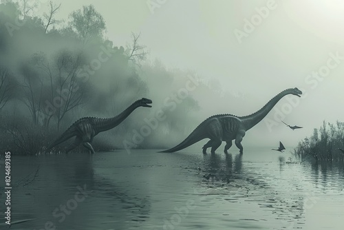 Two dinosaurs crossing a river, suitable for educational materials © Fotograf