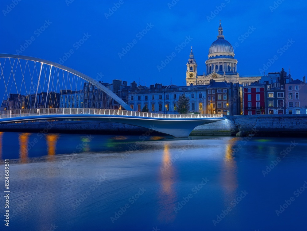 A modern bridge illuminated at dusk, reflecting on calm waters with historic buildings and a grand dome in the background.