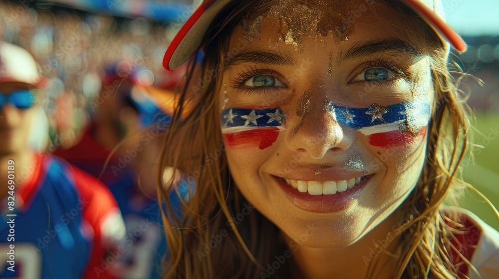 A closeup of young women with the American flag painted on their faces on the international soccer match A closeup of young women with the American flag painted on their faces on the international soccer match