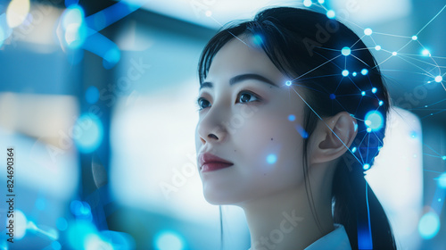 Asian model resembling a dynamic business leader in a hyper-realistic portrayal, utilizing cutting-edge technology to drive innovation and success in the workplace.