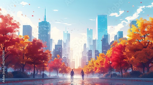 Urban lifestyle scene. Man and women in casual clothes walk in modern city. Colorful buildings and skyscrapers. Pedestrian and citizens in sunny day. Cartoon flat vector illustration photo