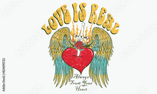 Love is real. Heart with knife artwork, Eagle wing vector t-shirt design. Freedom music tour. Free spirit vintage artwork. America eagle rock and roll poster design. Music festival artwork. Rose.