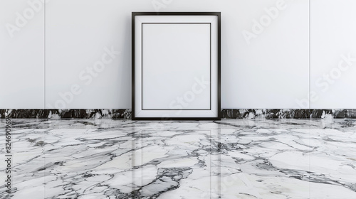 Modern art space with a 3D empty frame on a luxurious Statuario marble floor. photo