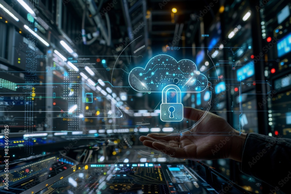 Innovative cloud computing with padlock and digital circuits, illustrating advanced cybersecurity measures and secure storage solutions in a tech centric ecosystem Innovative cloud computing with padlock and digital circuits, illustrating advanced cybersecurity measures and secure storage solutions in a tech centric ecosystem