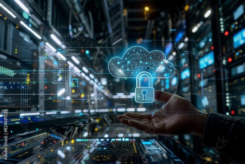 Innovative cloud computing with padlock and digital circuits  illustrating advanced cybersecurity measures and secure storage solutions in a tech centric ecosystem