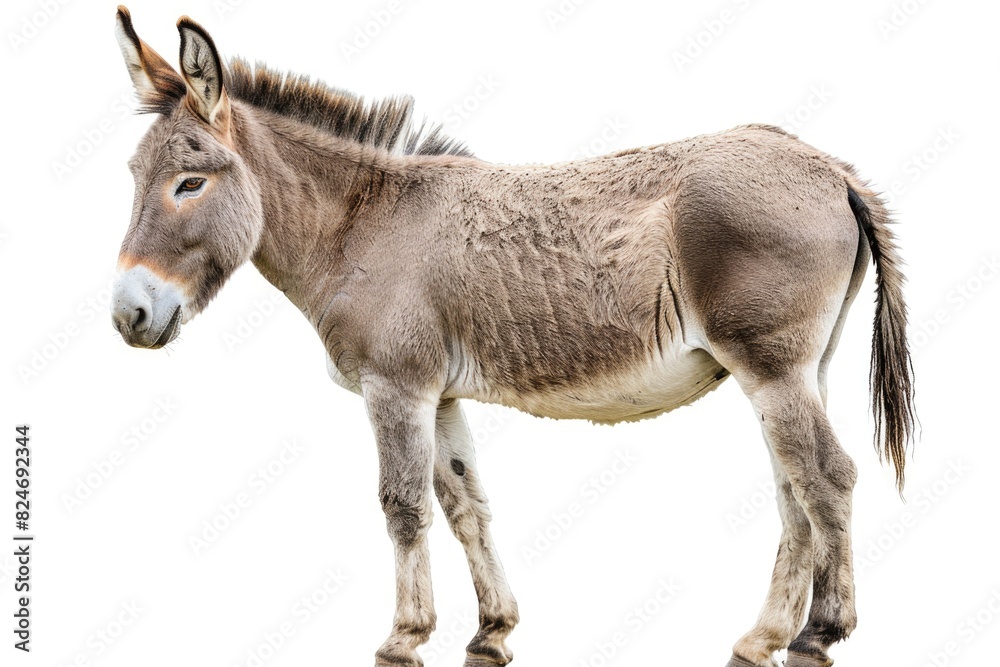 A donkey standing on top of a grass covered field. Suitable for farm animal concepts