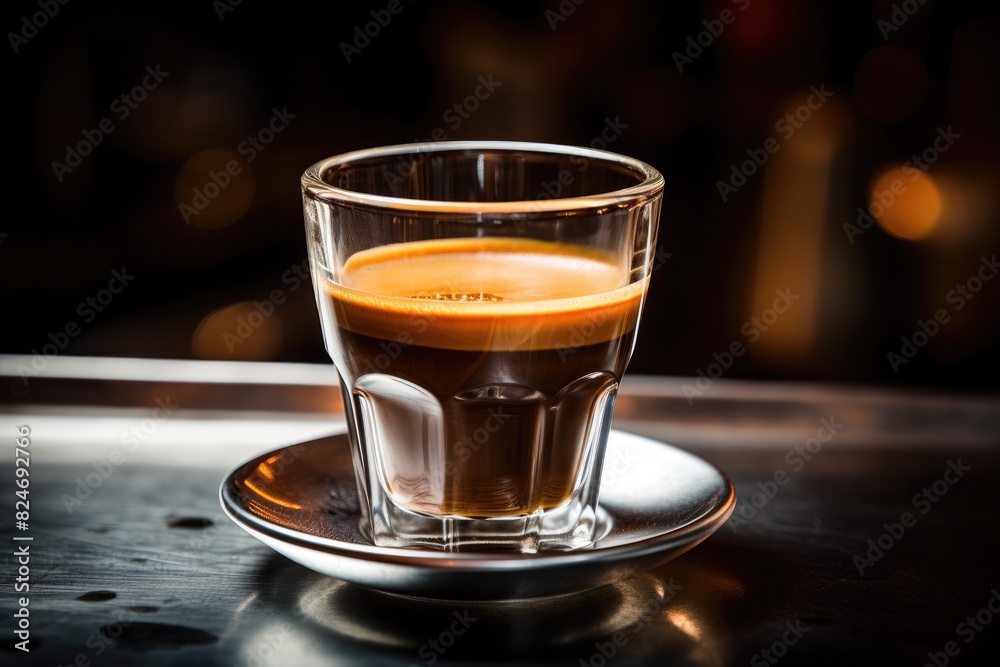 Espresso Shot: Close-up of a freshly brewed espresso shot with a crema layer. Espresso Shot: Close-up of a freshly brewed espresso shot with a crema layer.
