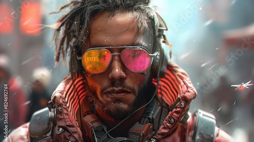 Rugged man with tousled hair and aviator sunglasses art digital. Futuristic vibe with grunge aesthetic wallpaper scene artwork. Science fiction concept background image horizontal