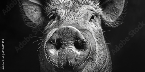 A close-up black and white photo of a pig's nose. Suitable for farm animal concepts