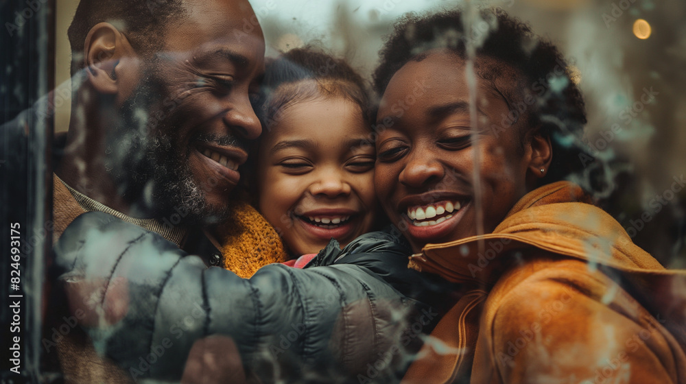 A family gathered together, each member showing their brightest smile. Dynamic and dramatic composition, with cope space