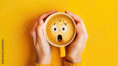 Closeup woman hands holding coffee cup with emotion face drawn on coffee  top view angle on isolated yellow background