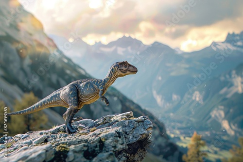 Toy dinosaur figurine standing on top of a rock. Suitable for educational and prehistoric themes