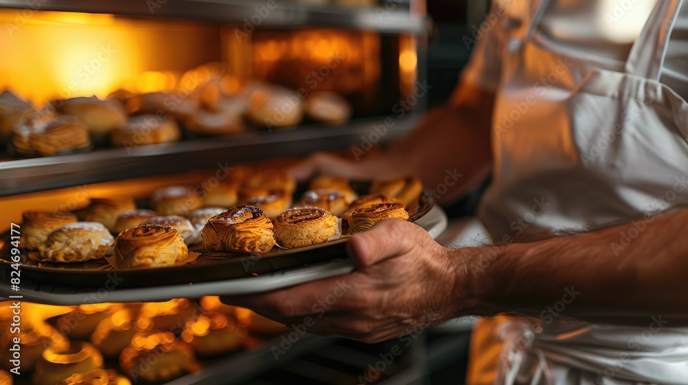 Closeup woman baker taking from the oven tray of fresh baked pastry on a blurred bakehouse background
