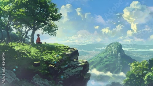 lUnder a shady tree, the breeze gently caresses your face, while your eyes enjoy the wide view from the height of the cliff. seamless looping time lapse animation video background photo