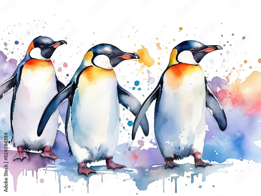 Fototapeta premium penguin watercolor illustration colorful, splash of color. isolated white background