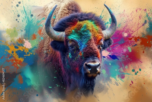 Dynamic Colorful bison splashes. Wild animal. Generate Ai photo