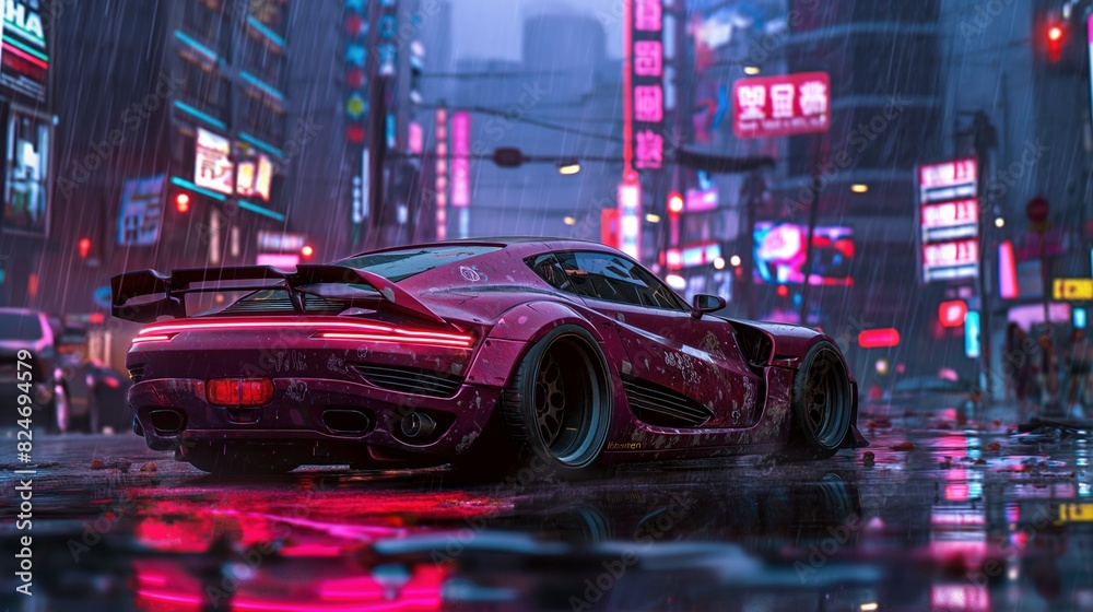 Sleek sports car in rainy neon metropolis image. Neon signs japan under downpour in cityscape photography scene wallpaper. Modern automotive design. Sci-fi concept photorealistic photo