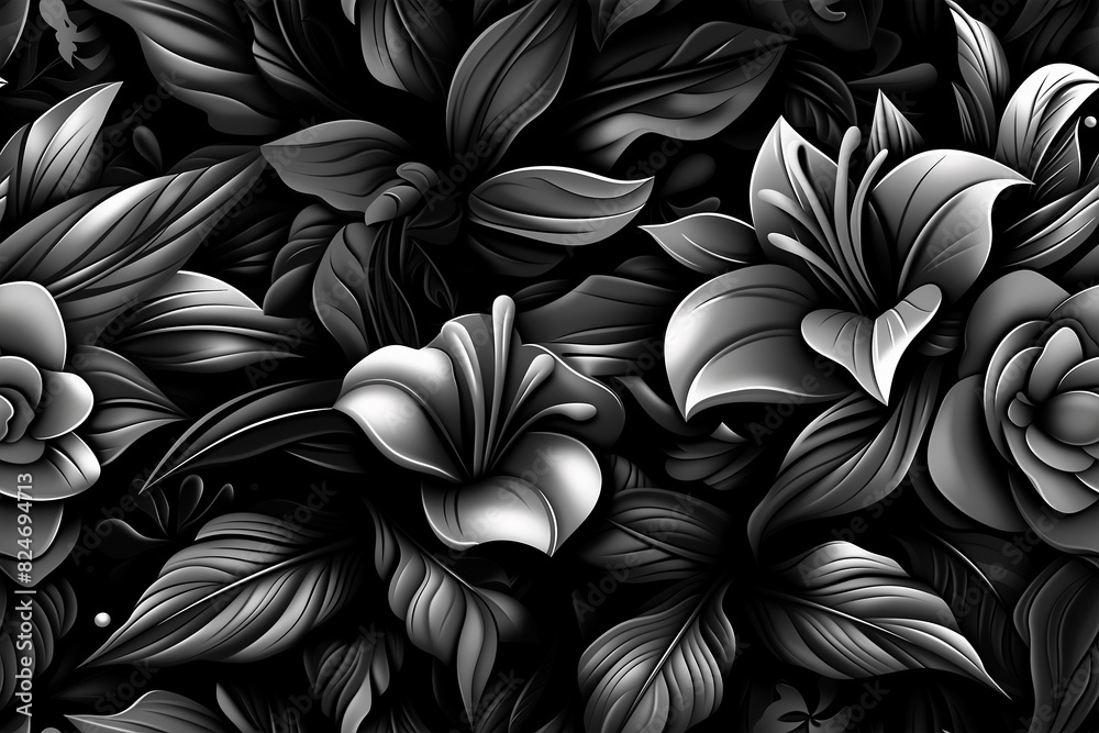 A black and white floral pattern with a lot of detail A black and white floral pattern with a lot of detail