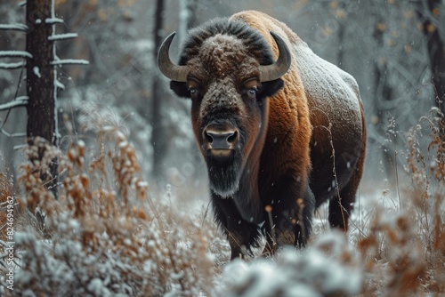 Dense Bison animal snow forest. Park animal. Generate Ai