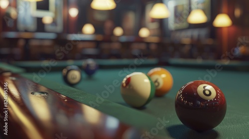 Image of billiard balls on a pool table, suitable for sports and leisure concepts