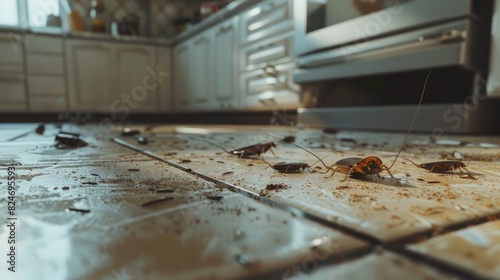 A bunch of dead bugs on the kitchen floor. Suitable for pest control or cleanliness concepts