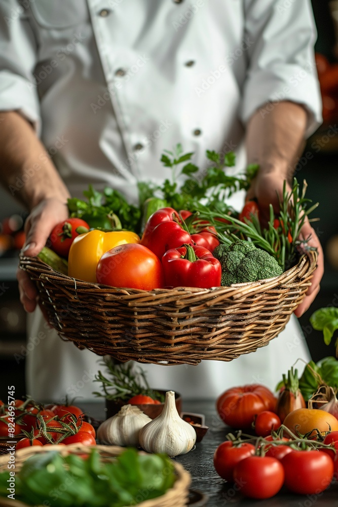 Chef holding a basket of organic vegetables and fresh ingredients in a kitchen, preparing for a special dinner, warm lighting, focus on basket