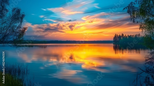 Tranquil Lake At Sunset, Reflecting The Vibrant Colors Of The Sky.