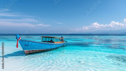 Small Boat Anchored In Shallow Water With Crystal Clear Ocean And White Sand Beach In Background. © Wanlop