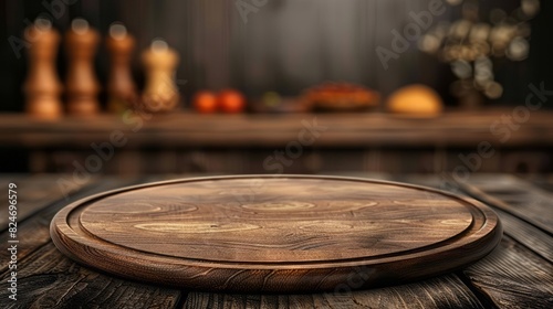 Round Wooden Cutting Board On A Wooden Table Against Blurred Background Of A Kitchen. photo