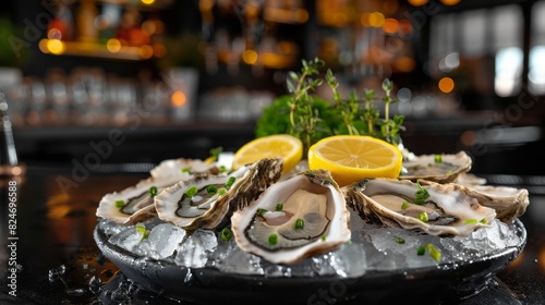 Fresh Oysters On The Half Shell With Lemon And Herbs On Ice. photo