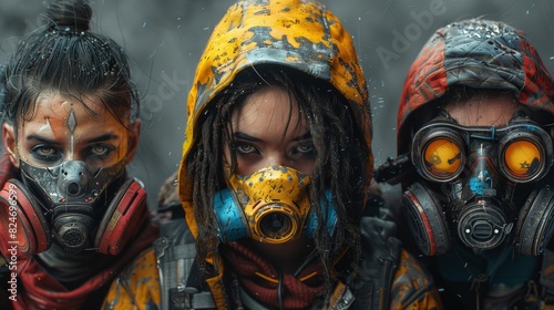 Futuristic soldiers in weathered outfits and respirators image. Cyberpunk female survivals in rugged outfits photography scene wallpaper. Science fiction concept photorealistic photo