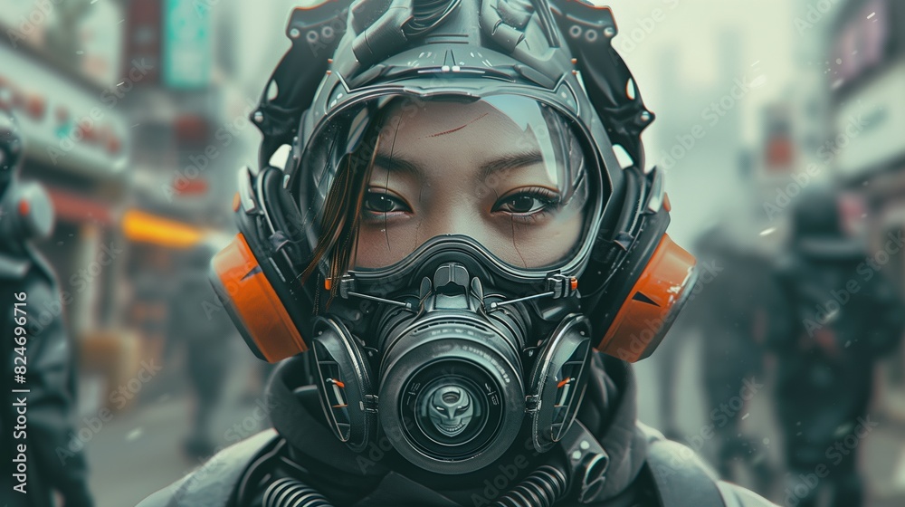 Asian woman in detailed high-tech helmet and gas mask closeup image. Cyberpunk fashion. Post apocalyptic female close up photography marketing. Science fiction concept photo realistic Asian woman in detailed high-tech helmet and gas mask closeup image. Cyberpunk fashion. Post apocalyptic female close up photography marketing. Science fiction concept photo realistic