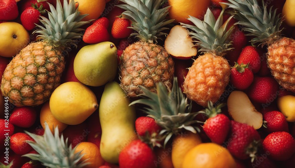 Fresh tropical fruit isolated red unfocused background, strawberries pears pineapple pineapple orange
Fresh tropical fruit isolated red unfocused background, strawberries pears pineapple pineapple orange