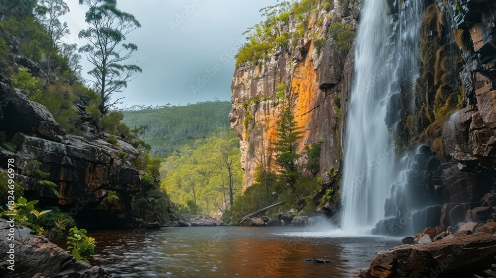 A Beautiful Waterfall In A Lush Green Forest. The Water Cascades Over A Rocky Cliff Into A Pool Below. The Air Is Fresh And Mist.