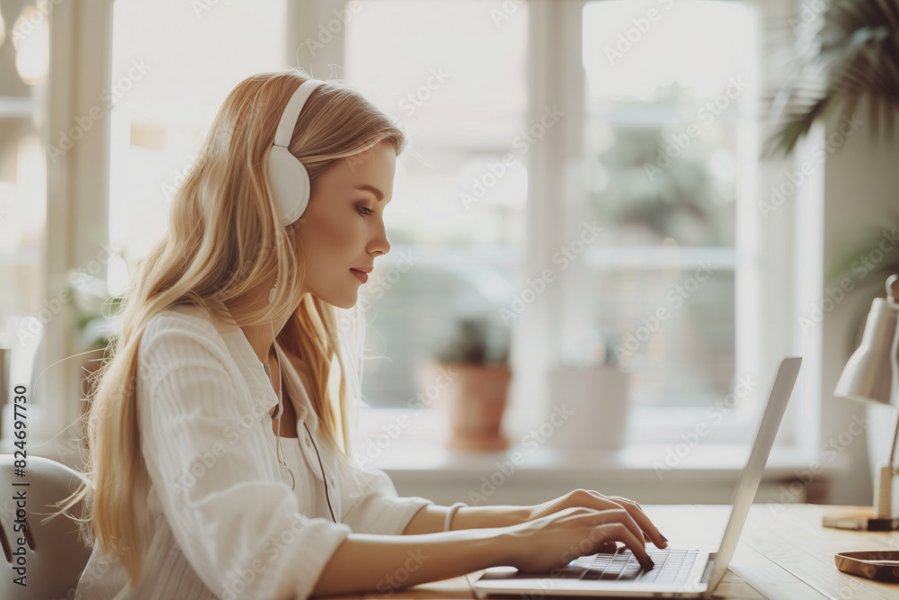Fototapeta premium Close-up portrait of a customer service agent or online English teacher sitting at office