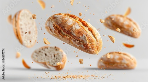Loaf Of Bread And Crumbs Floating In Mid-Air Against A White Background. photo