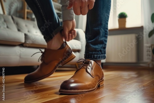 Person tying shoe on wooden floor, suitable for lifestyle and fashion themes © Fotograf