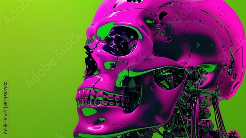 Striking mechanical skull in neon pink and green 3d rendering image. High-tech metallic structure wallpaper art colorful realistic. Science fiction concept idea, conceptual photo
