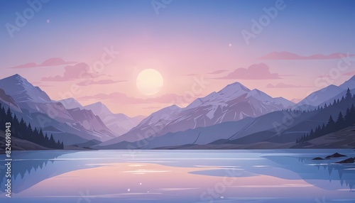 Dawn Over Snowy Mountain Lake Vector Art Background © Anarkali Art