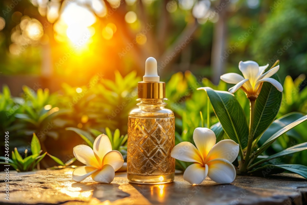 Spa oils in bottles on sunset Spa oils in bottles on sunset
