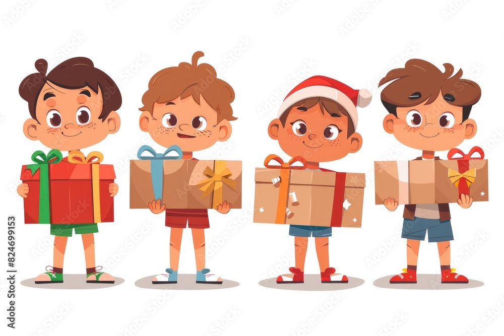 A group of children carrying box gifts and illustrations A group of children carrying box gifts and illustrations