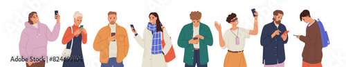 Different people hold smartphones set. Men and women talk by video call, chat online, typing messages in phone. Row of characters with telephones in hands. Flat isolated vector illustrations on white