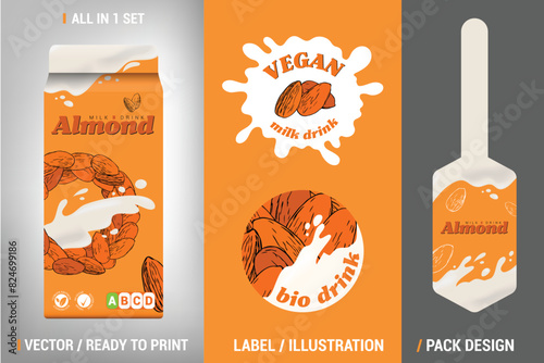 Stylish almond milk drink packaging design set featuring modern brush strokes hand drawn illustrations. Ready brand style for vegan almond drink. Nut milk Splashes. 